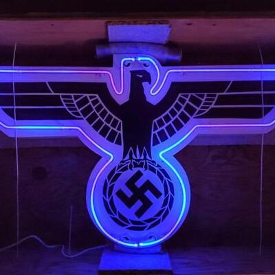 #1500 â€¢ Nazi Eagle Wreath Neon Sign with Wooden Crate in working condition measures approx 48" x 26" x 5"