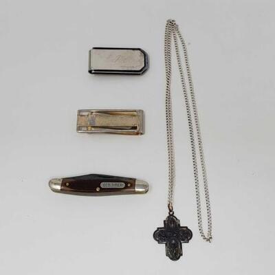 #8342 â€¢ Money Clips, Necklace, and a Small Pocket Knife

