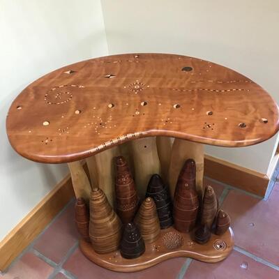 Wood sculpture and inlaid table $850
27 X 18 X 25