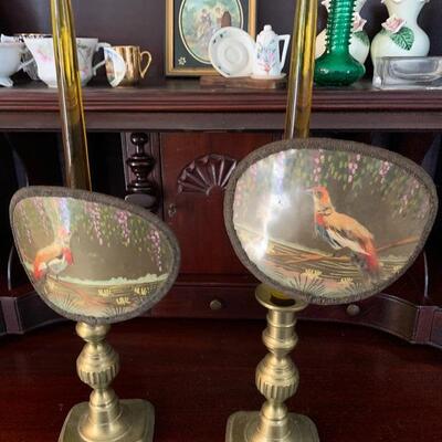 AMAZING condition -Pair of handmade candle shields - Birds depicted are made from feathers