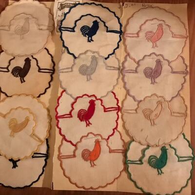 Rooster cloth coasters -New - old stock -still stitched on to cardboard
