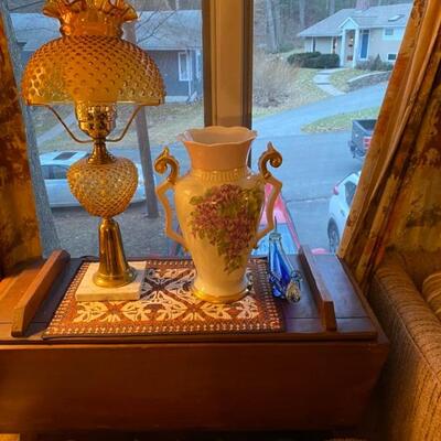 Fenton Amber Hobnail table Lamp
Larger Vase with Lilacs
on a primitive dough box / kneading table