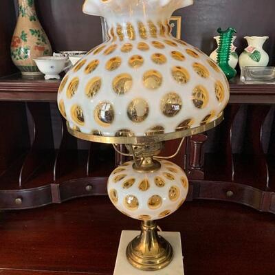 Fenton Mid Century Amber Opalescent Coin Dot Table Lamp
( has matching floor lamp )