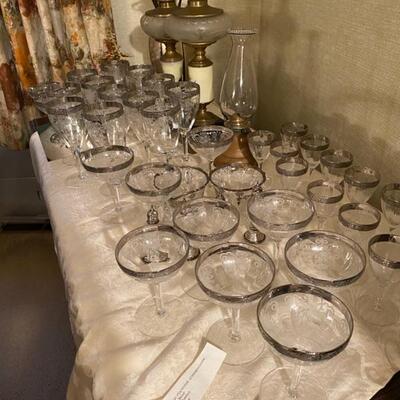 vintage etched barware glasses trimmed silver