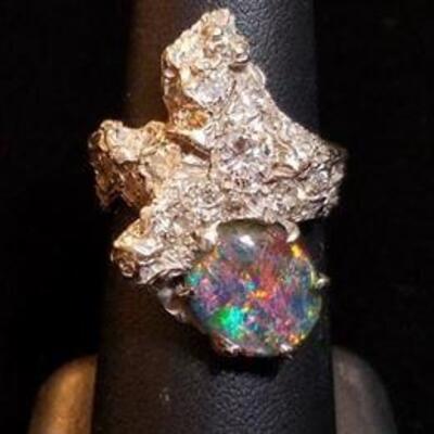 10k White Gold with Diamonds and Simulated Opal Ring