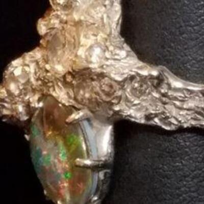 10k White Gold with Diamonds and Simulated Opal Ring