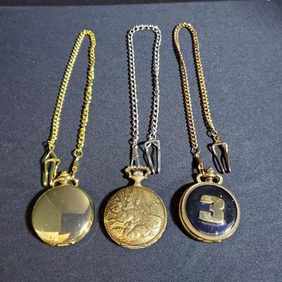 https://ctbids.com/#!/description/share/721064 Set of 3 gold pocket watches. Solid front watch is working and weighs 2.2oz, length 17