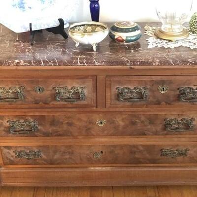 Vintage Victorian Eastlake Walnut Marble Top Chest Of Drawers