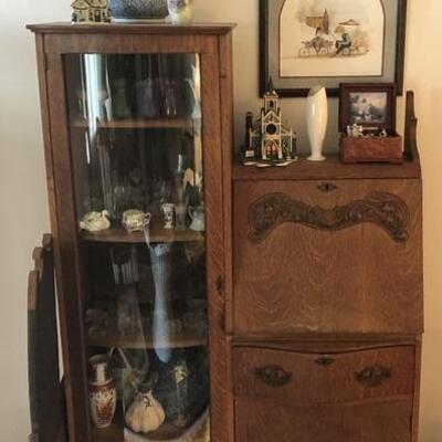 Side by side bookcase with bowed glass door and Ladies Desk