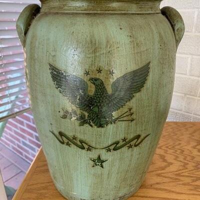 3 Gallon Crock, green, applied handles with a 1970s Eagle Decal Applied Later