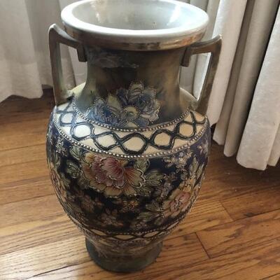 1920 to 1930s Japanese earthenware vase with hand-painted floral design and worn gilt raised enamel paint details -Measures Approx. 16â€...