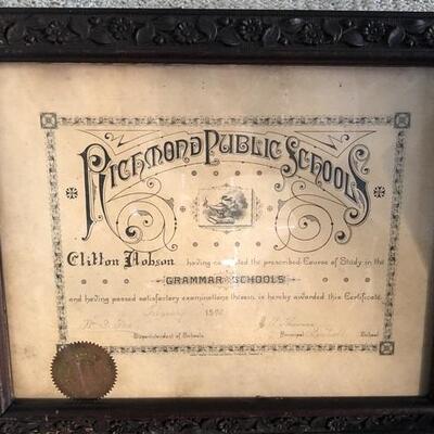 February 1890 Diploma from Richmond Public Schools for study in Grammar School