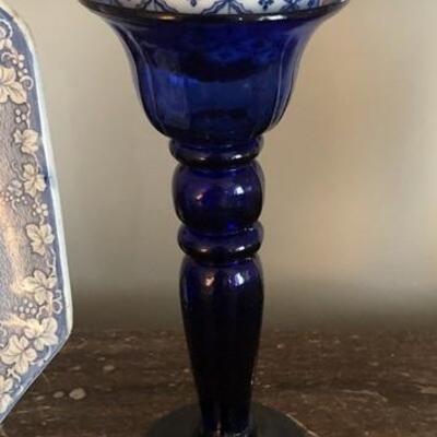 Cobalt blue glass wide mouth vase - includes oriental blue and white porcelain ball