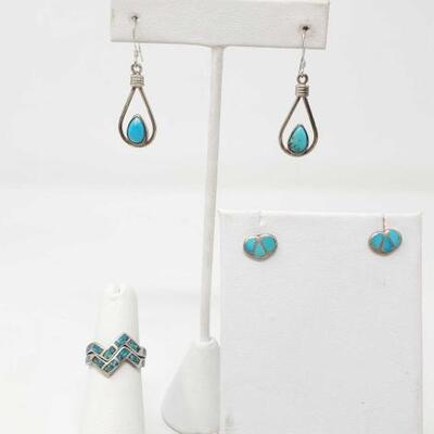 #224 â€¢ 2 Pairs Of Sterling Silver Earrings With Turquoise Stones And Sterling Silver Rings With Turquoise Accen...