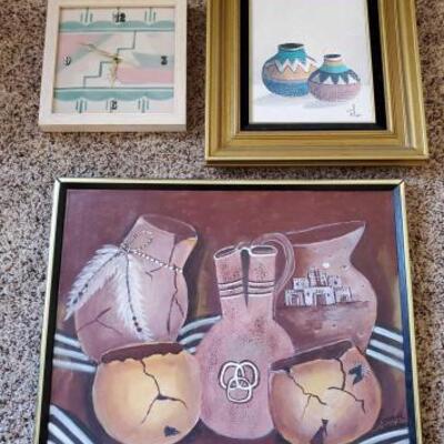 1048	

Sand Art Clock, Framed Oil Painting, and Framed Pottery Painting
Measurements Include 17
