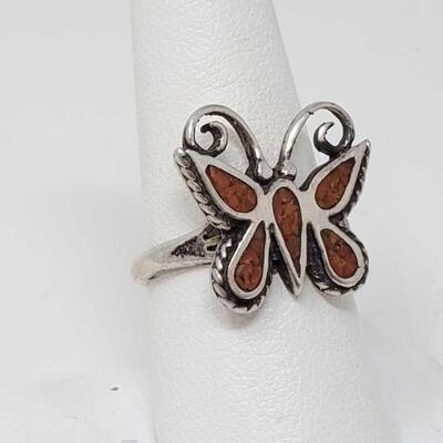 #218 â€¢ Sterling Silver Butterfly Ring With Coral Accent Stones, 5.2g