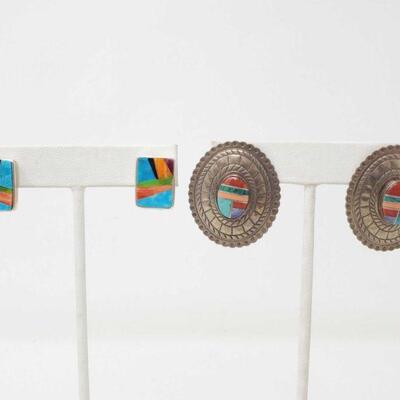 #216 â€¢ 2 Pairs of Sterling Silver Inlay Earrings, 19.1g stones are turquoise and coral. 