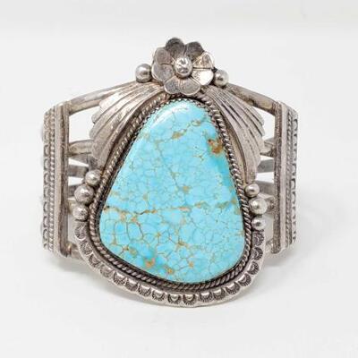 #200 • Sterling Silver Cuff With Large Turquoise Stone, 59.2g