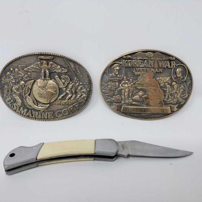 #272 â€¢ Two Solid Brass Belt Buckles And Stainless Steel Pocket Knife