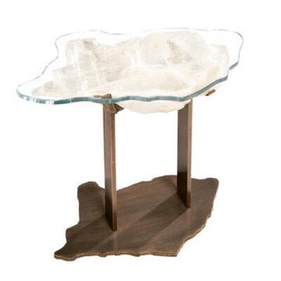 Selenite tables, priced by size.Side table on polished nickel custom base - $600