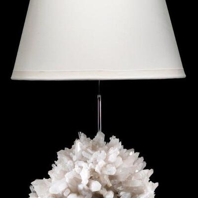 # dimensional White Quartz Cluster. Collectors specimen with custom white silk shade. Floating on custom acrylic mount. $1800