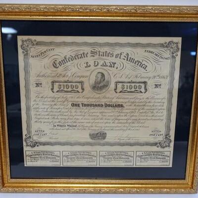 1110	FRAMED CONFEDERATE STOCK CERTIFICATE, 17 3/4 IN X 16 IN. SIGNED BY THE CONFEDERATE REGISTER OF THE TREASURY, SIGNED TAYLOR
