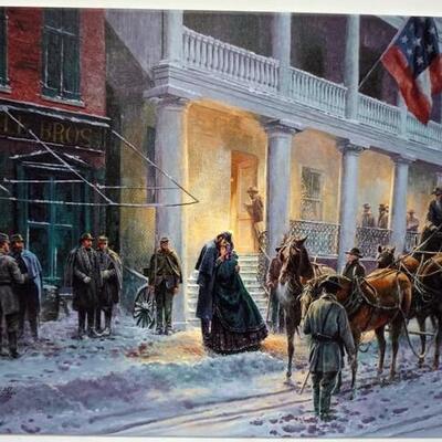 1050	MORT KUNSTLER LIMITED ED GICLEE ON CANVAS  SIGNED AND NUMBERED GC 32/50, *MRS. JACKSON COMES TO WINCHESTER*. 20  IN X 30  IN OVERALL
