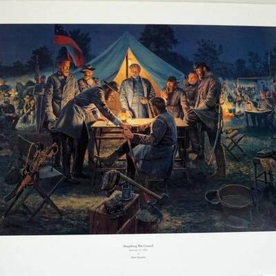 1045	MORT KUNSTLER LIMITED ED PRINT  SIGNED AND NUMBERED 1233, *SHARESBURG WAR COUNCIL*. 23 1/2 IN X 32  IN OVERALL
