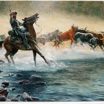1071	MORT KUNSTLER LIMITED ED GICLEE ON CANVAS  SIGNED AND NUMBERED GC 25/50, *THE GREAT BEEFSTEAK RAID*. 19 IN X 33 IN OVERALL
