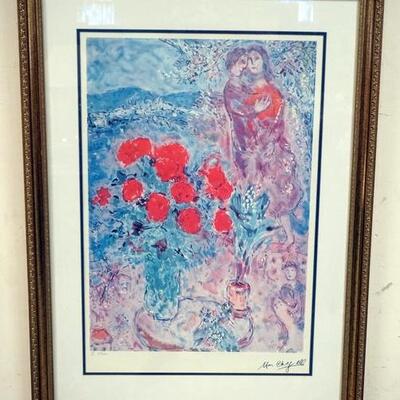 1028	LARGE MARC CHAGALL *RED BOUQUETS* LIMITED EDITION IN FRAME WITH CERTIFICATE 30 IN X 40 IN
