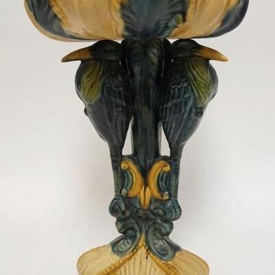 1070	TALL POTTERY COMPOTE W/WADING BIRD STEM, 14 IN HIGH, 9 IN DIAMETER
