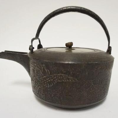1043	ASIAN CAST TEAPOT W/BRASS LID & EMBOSSED CRANES ON EXTERIOR, 6 1/4 IN HIGH
