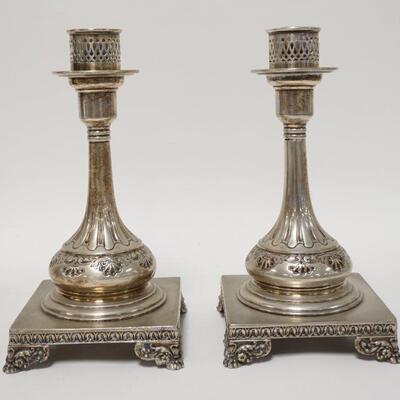 1148	PAIR OF HALLMARKED ENGLISH SILVER PLATED CANDLESTICKS.  11 1/4 IN T
