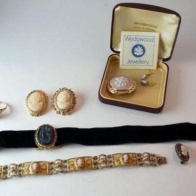 1280	LOT OF CAMEO JEWELRY INCLUDING WEDGWOOD EARRINGS AND PIN, BLACK CAMEO CHOKER, 3 PINS, RING AND BRACELET AS FOUND	50	100	25	PLEASE...