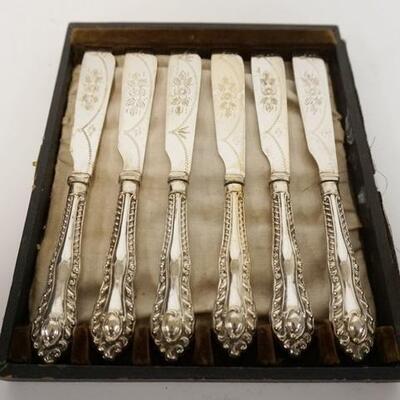 1069	SET OF 6 EPNS KNIVES W/ENGRAVED BLADES, 8 3/8 IN LONG
