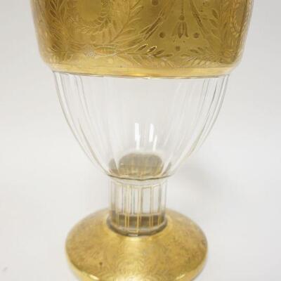 1170	LARGE GLASS CHALICE W/PATTERNED GOLD TRIM, HAS POLISHED BASE & PONTIL, 9 5/8 IN HIGH, 6 3/4 IN TOP DIAMETER	50	100	20	PLEASE PAY...