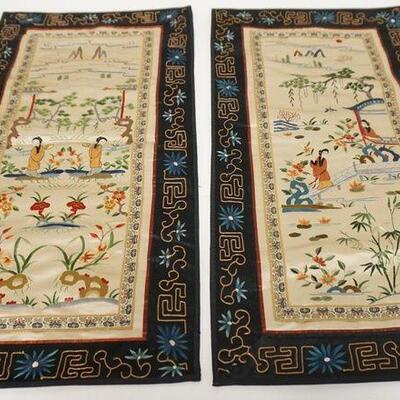 1141	GROUP OF 2 SEWN SILK ASIAN TAPESTRIES. 26 IN X 13 IN 
