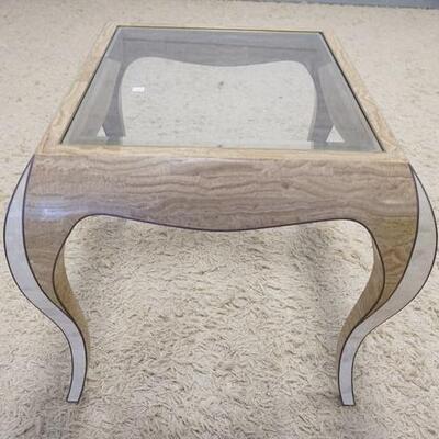 1157	MODERN GLASS TOP LAMP TABLE HAS INLAID PATTERN ON THE LEGS TOP GLASS IS BEVELED. 27 1/2 IN X 24 1/2 IN 23 IN H 
