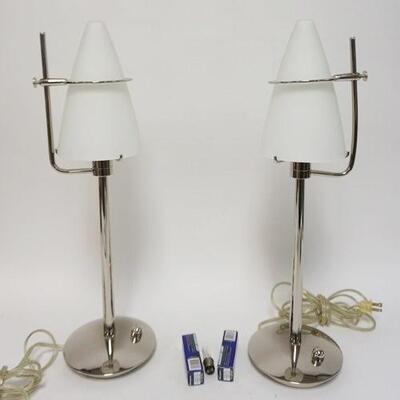1067	PAIR OF MODERN CHROME LAMPS W/CONICAL WHITE FROSTED GLASS SHADES, 20 1/2 IN HIGH
