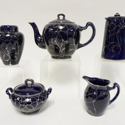 1057	LENOX SILVER OVERLAY OVER COBALT, GROUP OF 5 PIECES FROM TEA SET
