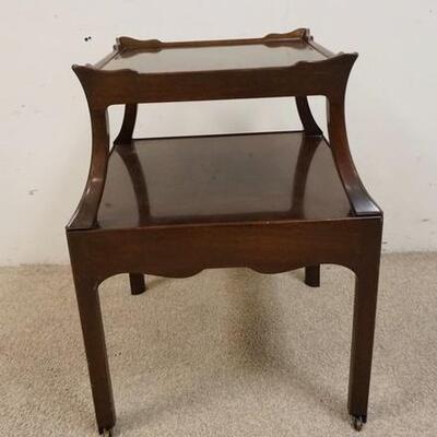 1088	ENGLISH WALNUT 2 TIER STAND W/SCALLOP EDGE & PULL OUT DRAWER, 17 1/2 IN SQUARE, 28 1/4 IN HIGH
