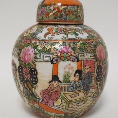 1035	ROSE MEDALLION STYLE COVERED URN WITH CHARACTER MARKS, 6 1/4 IN HIGH
