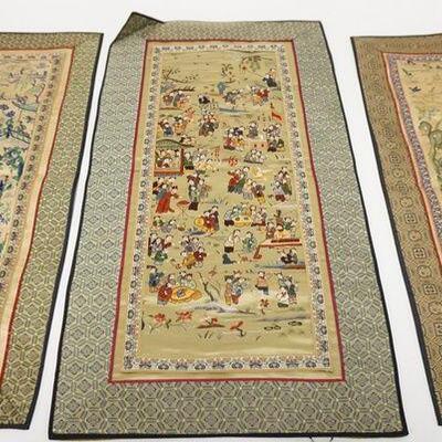 1140	GROUP OF 3 SEWN SILK ASIAN TAPESTRIES. LARGEST IS 13 IN X 26 IN 
