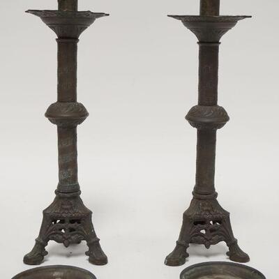 1147	PAIR OF BRASS 3 FOOTED CANDLE STICKS W/ BOBACHES. 11 1/2 IN H 
