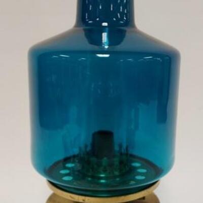 1054	HANS AGNE JAKOBSSON AB MARKARYD SWEDEN OIL LAMP, BRASS FONT W/BLUE SHADE 16 IN HIGH
