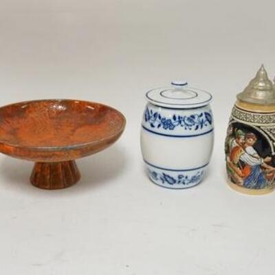 1233	5 PIEC LOT, GERMAN STEIN, 2 COMPOSITE FIGURINES, MODERN POTTERY COMPOTE, GERMAN COVERED JAR	25	50	10	PLEASE PAY ATTENTION FOR DAILY...