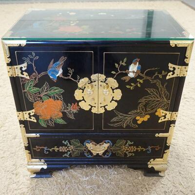 1203	BLACK LACQUERED DECORATED ASIAN CHEST, 2 DOORS, 1 DRAWER W/BRASS HARDWARE & MOUNTS, 13 1/2 IN X 22 IN X 24 IN HIGH	100	200	50	PLEASE...