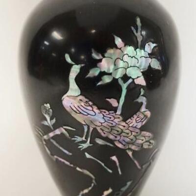 1099	BRASS BLACK LACQUER VASE W/MOTHER OF PEARL INLAID PEACOCK, 8 IN HIGH
