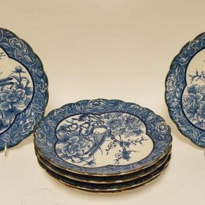 1065	SET OF 6 LARGE BLUE TRANSFER PLATES DECORATED W/BIRD & FLOWERS, 12 1/4 IN, UNMARKED
