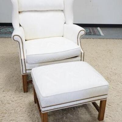 1079	SHERRILL UPHOLSTERED WING CHAIR W/FOOT STOOL W/ BRASS ACCENT TACKING
